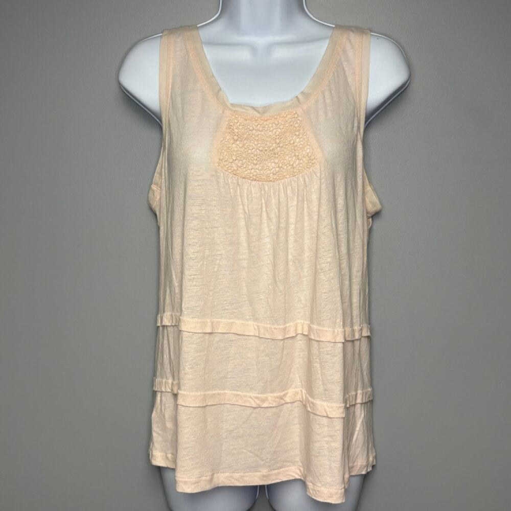 LOFT‎ Linen Blend Baby Pink Crocheted Front Tiered Soft Girl Coquette Tank Sz M